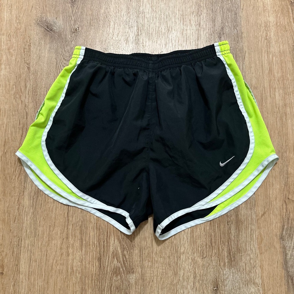 Nike | Woman's Dri-Fit Black Neon Yellow White AthleticRunning Shorts, Size‎ S